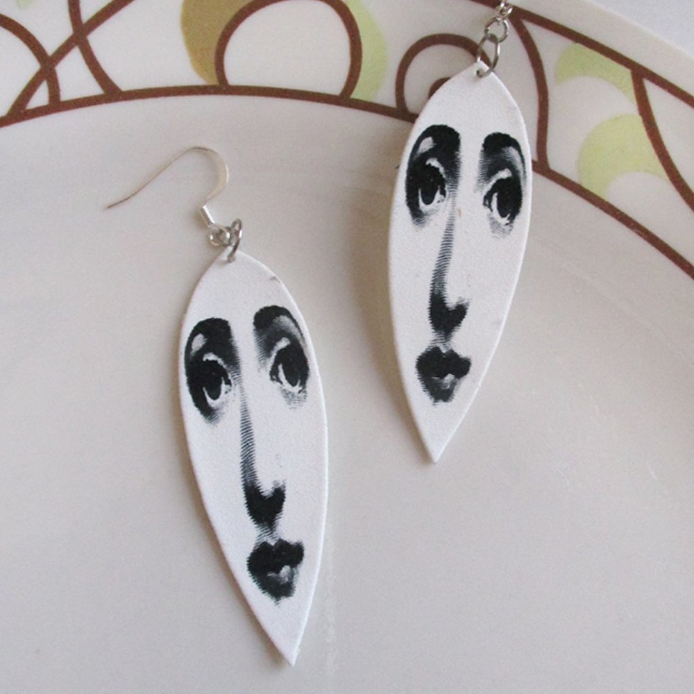 Unusual Fornasetti Face Style Lg Dangle Earrings Pop Art Mod 60's 90's